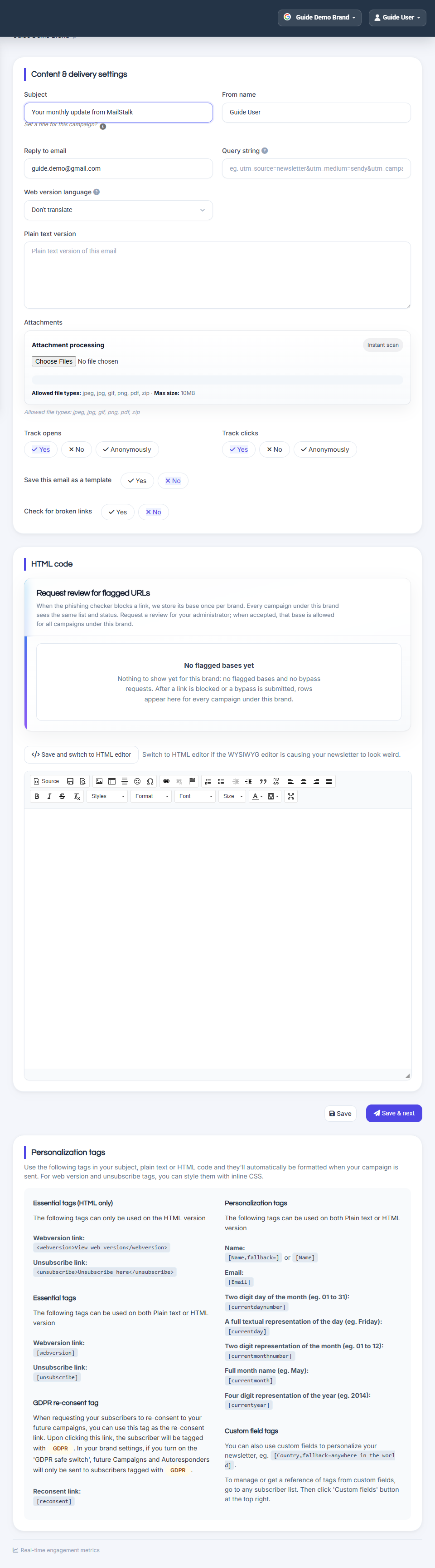Campaign name and subject fields